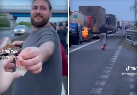 Izvadio pršut nasred auto-puta i počeo da siječe ljudima koji su bili zaglavljeni u kilometarskoj koloni (VIDEO)