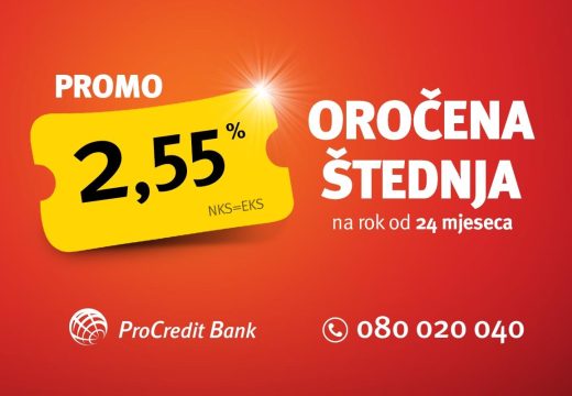 ProCredit Bank: Akcijska kamatna stopa od 2,55% za štednju na 24 mjeseca