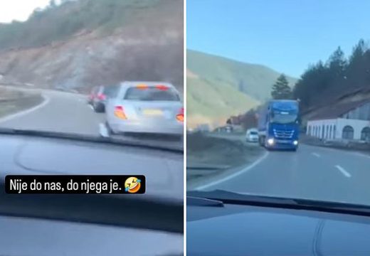 Umalo direktan sudar sa kamionom: Bahati vozač u punoj brzini pretiče u krivini (Video)