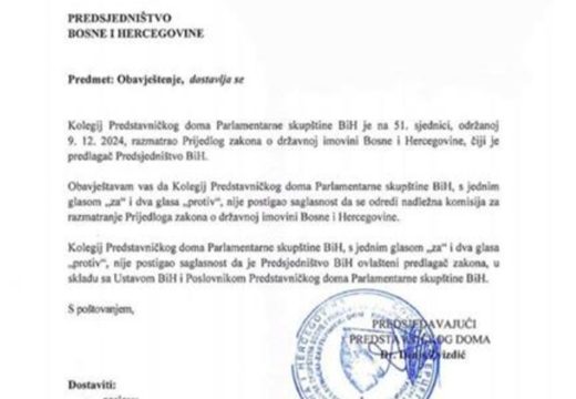 BiH: Kolegijum potvrdio da Predsjedništvo BiH nije ovlašteni predlagač zakona o državnoj imovini
