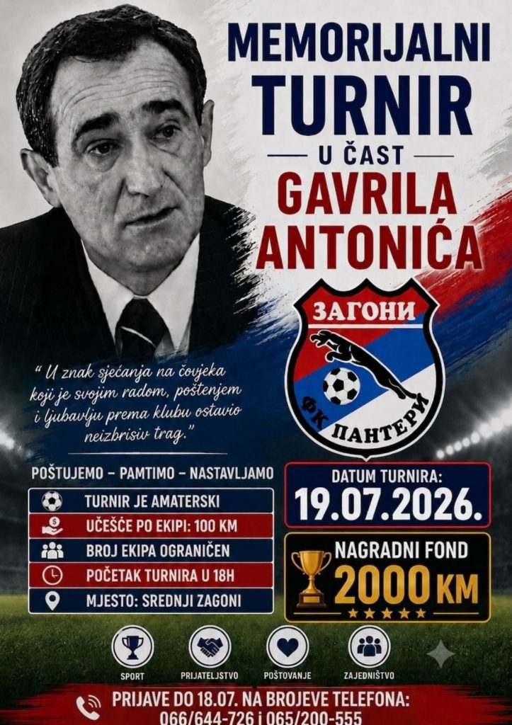 BIJELJINA: Memorijalni turnir u čast Gavrila Antonića 19. jula u Srednjim Zagonima