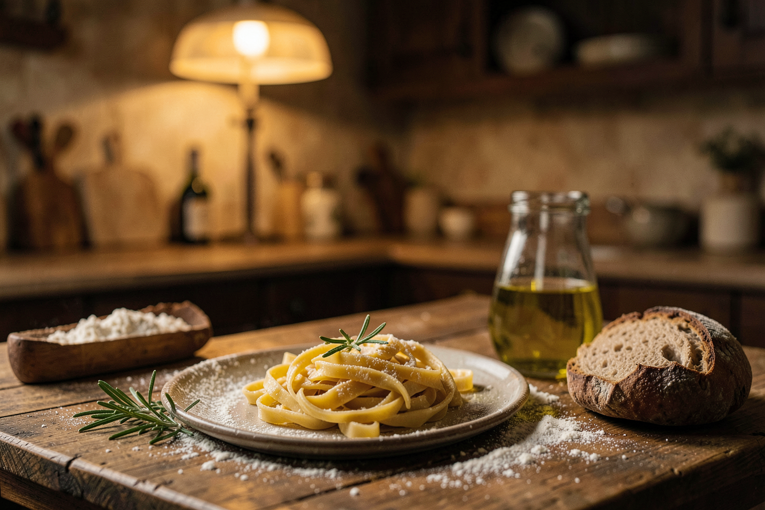 Cucina toscana rustica illuminata di sera, tavolo in legno apparecchiato