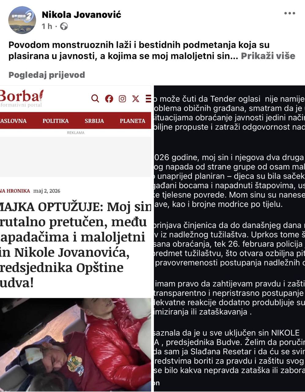 Будва: Јовановић осудио „монструозне лажи“ и најавио тужбе због напада на малољетно дијете